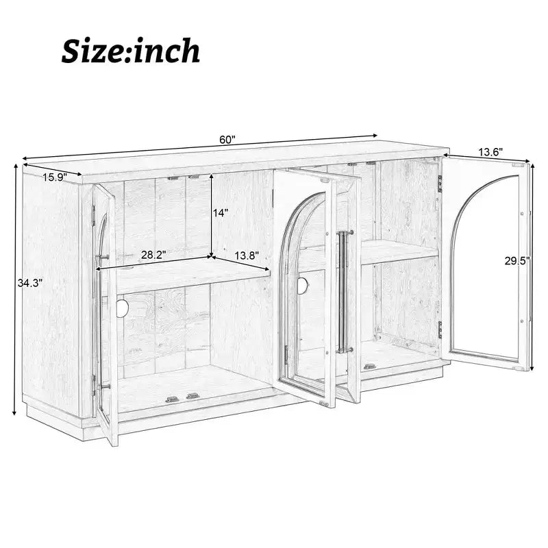 Credenza a buffet con ante in vetro ad arco e ripiani regolabili, 152,4 cm (L) x 40,4 cm (P) x 87,1 cm (A)