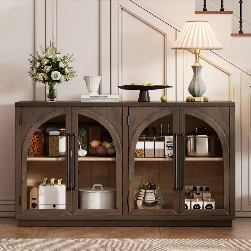 Credenza a buffet con ante in vetro ad arco e ripiani regolabili, 152,4 cm (L) x 40,4 cm (P) x 87,1 cm (A)