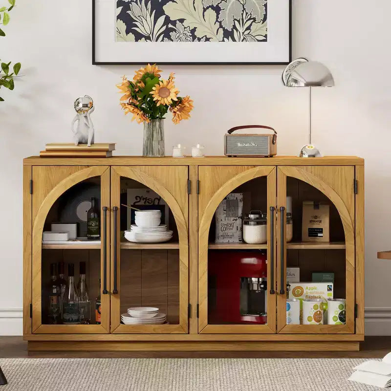 Credenza a buffet con ante in vetro ad arco e ripiani regolabili, 152,4 cm (L) x 40,4 cm (P) x 87,1 cm (A)