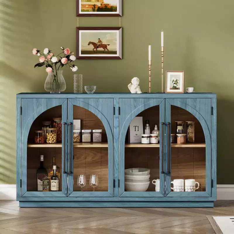 Credenza a buffet con ante in vetro ad arco e ripiani regolabili, 152,4 cm (L) x 40,4 cm (P) x 87,1 cm (A)