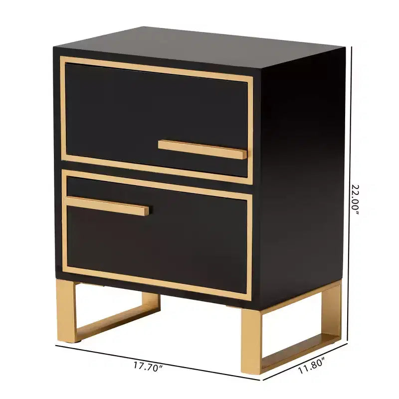Tavolino da Divano a 2 Cassetti con Spazio Contenitore, Struttura in Legno Massello, Finitura Nera e Oro, Stile Moderno