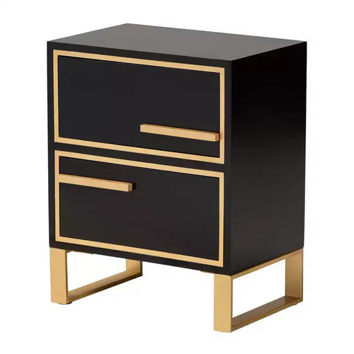 Tavolino da Divano a 2 Cassetti con Spazio Contenitore, Struttura in Legno Massello, Finitura Nera e Oro, Stile Moderno