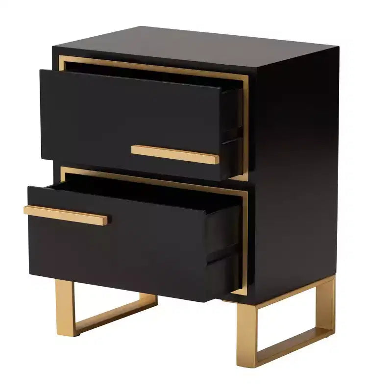 Tavolino da Divano a 2 Cassetti con Spazio Contenitore, Struttura in Legno Massello, Finitura Nera e Oro, Stile Moderno