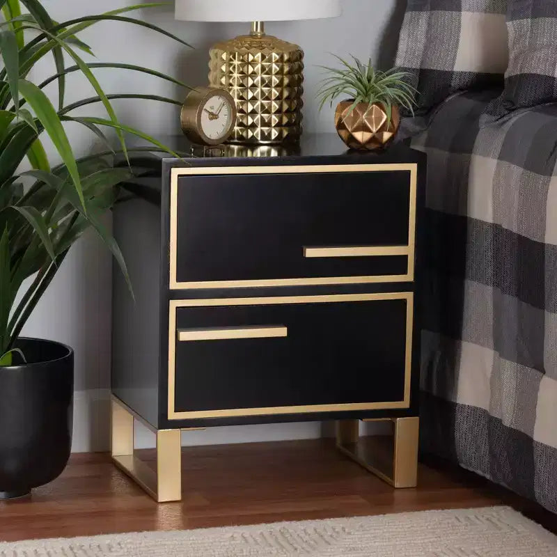 Tavolino da Divano a 2 Cassetti con Spazio Contenitore, Struttura in Legno Massello, Finitura Nera e Oro, Stile Moderno
