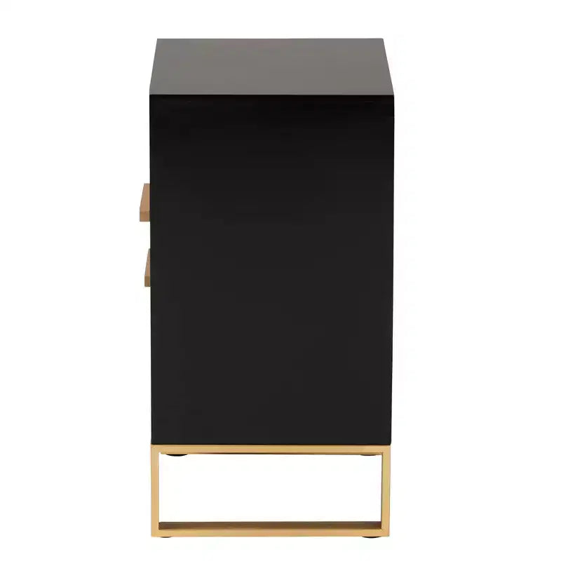 Tavolino da Divano a 2 Cassetti con Spazio Contenitore, Struttura in Legno Massello, Finitura Nera e Oro, Stile Moderno