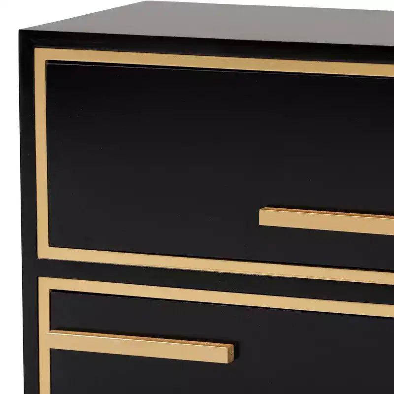 Tavolino da Divano a 2 Cassetti con Spazio Contenitore, Struttura in Legno Massello, Finitura Nera e Oro, Stile Moderno