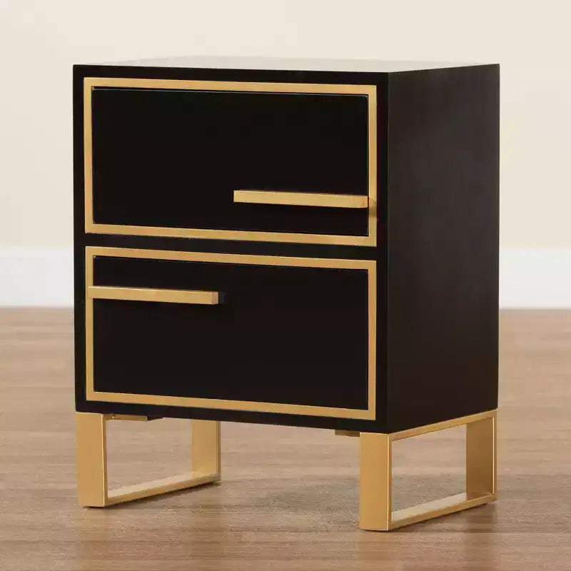 Tavolino da Divano a 2 Cassetti con Spazio Contenitore, Struttura in Legno Massello, Finitura Nera e Oro, Stile Moderno