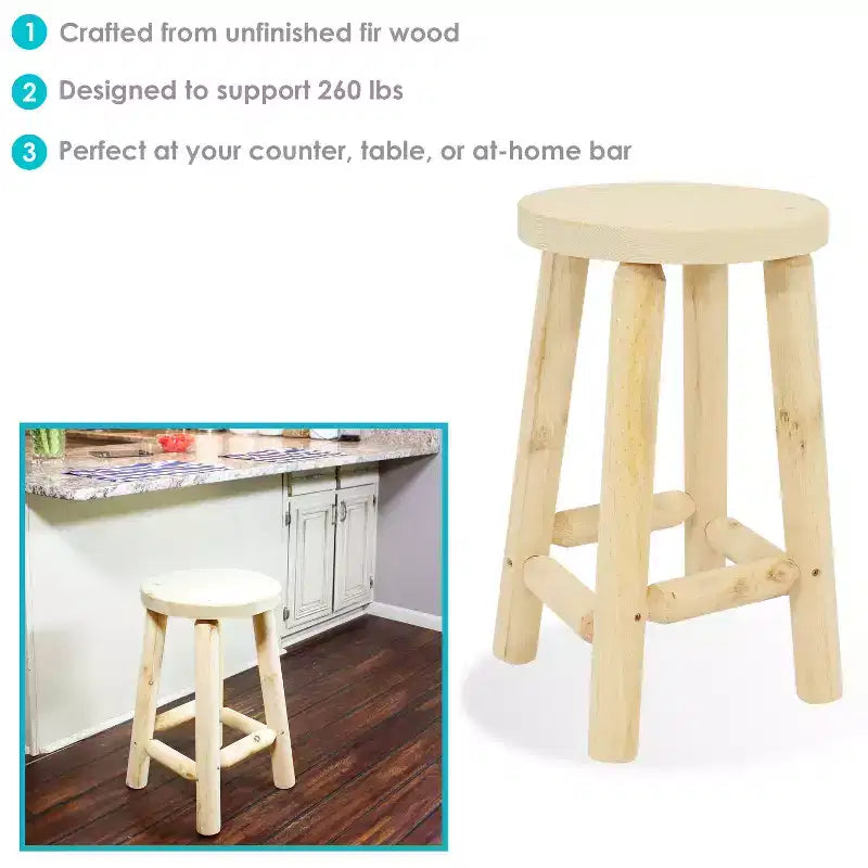 Sgabello da bancone con seduta rotonda in legno di abete non rifinito, 24"