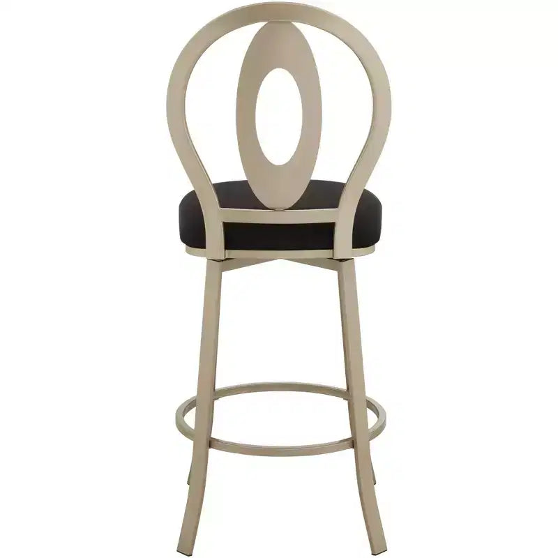 Sgabello da bar girevole in metallo, altezza seduta 74 cm, struttura color oro champagne, cuscino nero con schienale e poggiapiedi
