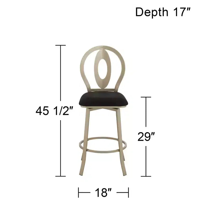 Sgabello da bar girevole in metallo, altezza seduta 74 cm, struttura color oro champagne, cuscino nero con schienale e poggiapiedi