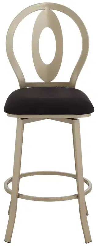 Sgabello da bar girevole in metallo, altezza seduta 74 cm, struttura color oro champagne, cuscino nero con schienale e poggiapiedi