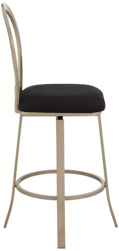 Sgabello da bar girevole in metallo, altezza seduta 74 cm, struttura color oro champagne, cuscino nero con schienale e poggiapiedi